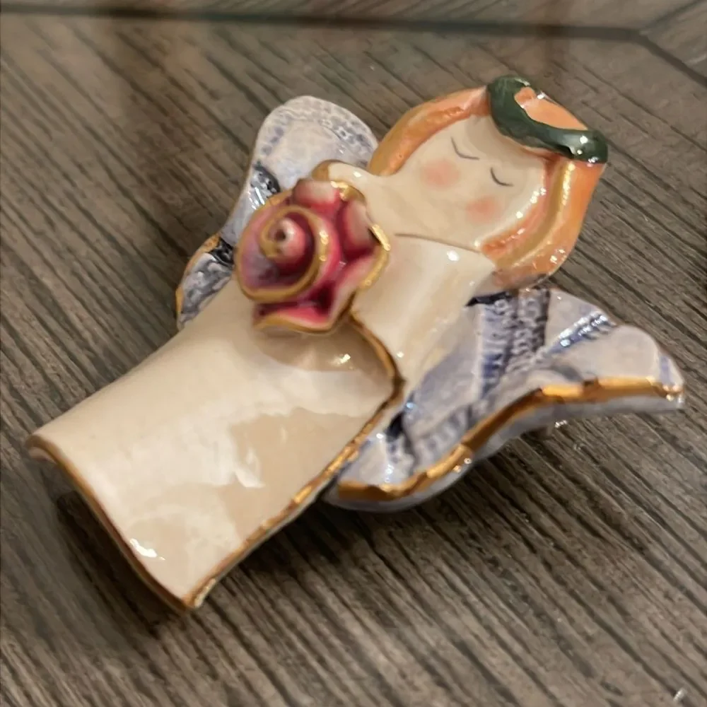 Vintage Ceramic Lusterware Angel with Rose Brooch Lapel Pin
